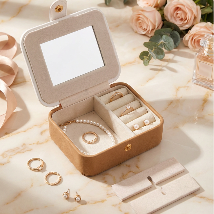Customized Name with Heart Leather Mini Travel Jewelry Box with Inbuilt Mirror – Compact Jewelry Organizer - Image 3