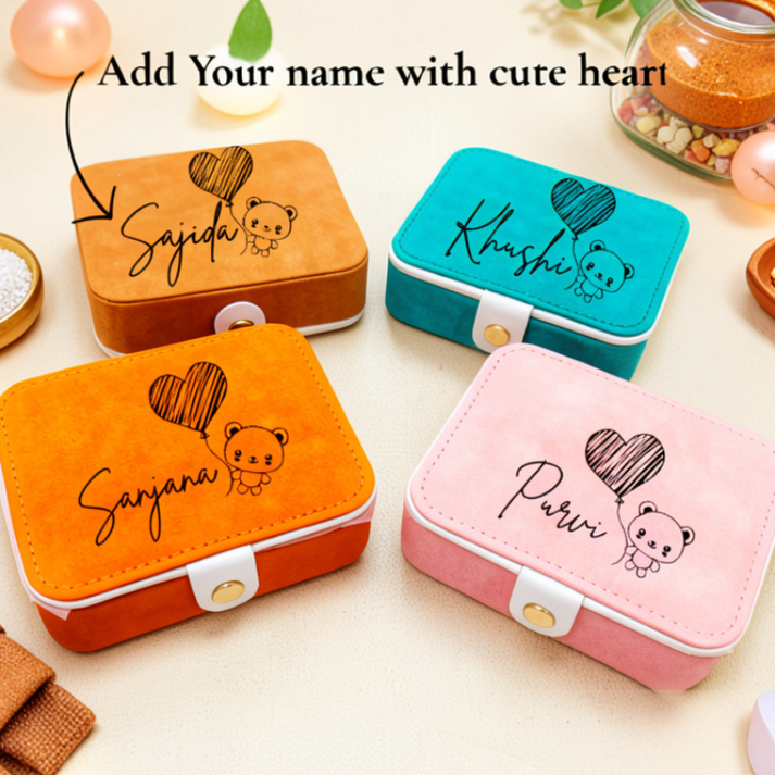 Customized Name with Heart Leather Mini Travel Jewelry Box with Inbuilt Mirror – Compact Jewelry Organizer