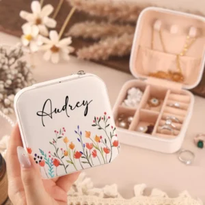 Customized Name & Flower Design Jewelry Box – Travel Jewelry Organizer for Bridesmaids & Gifts for Her